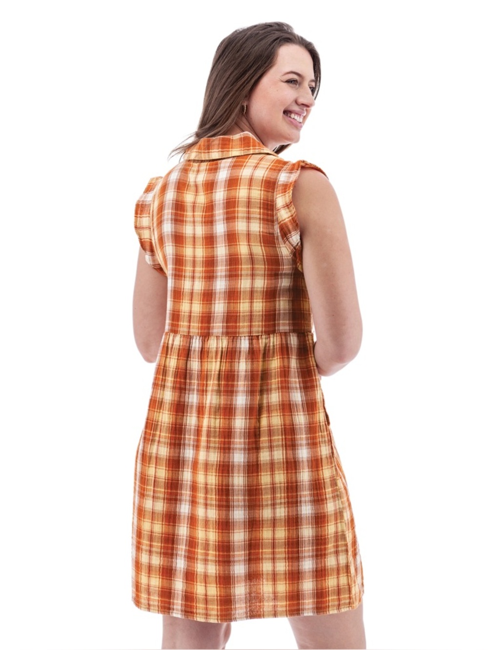 Organic Cotton Summer Dress Medium Aventura Montrose Plaid Yellow Orange Button - Picture 2 of 6